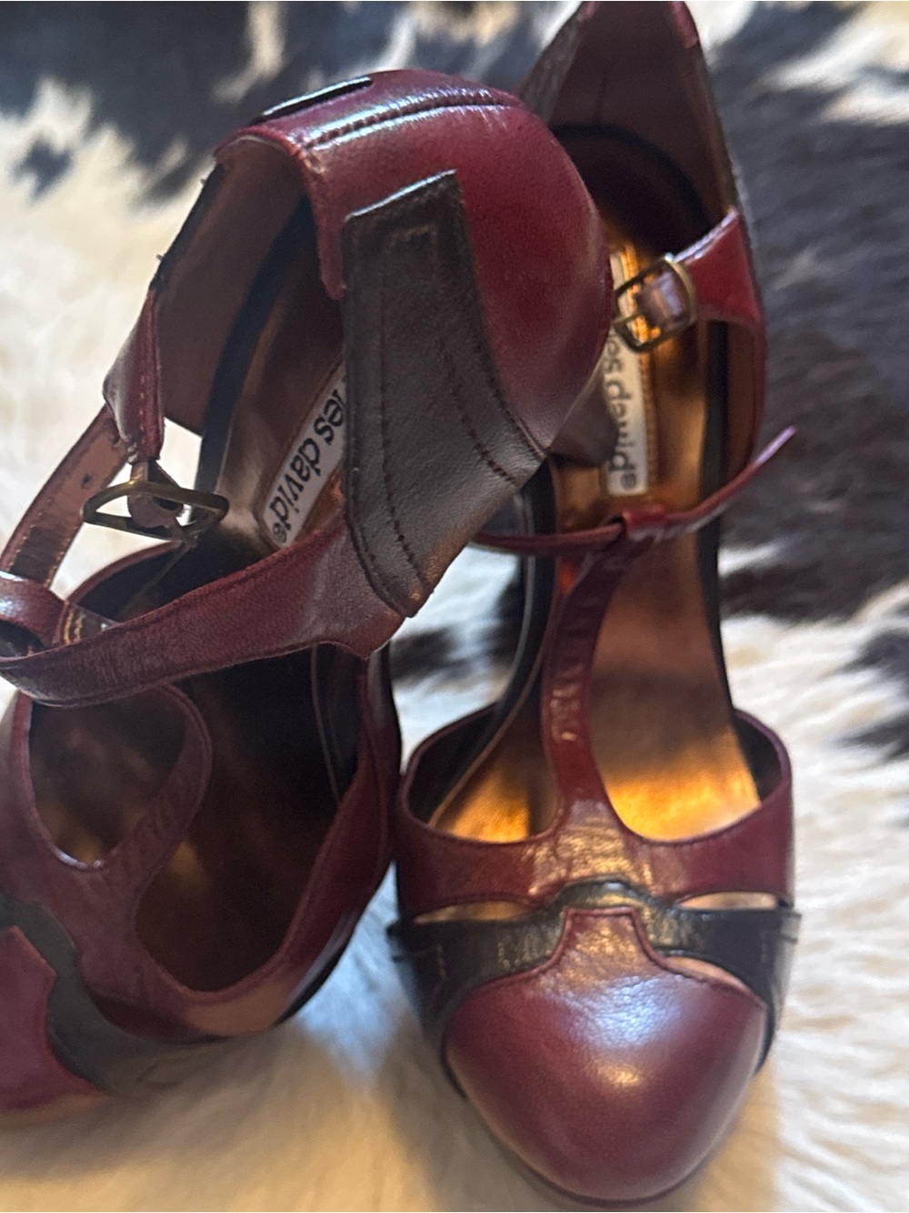 Charles David Burgundy and Black T-Strap Leather Heels